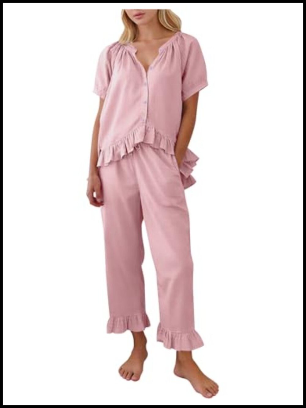 Womens 100% Cotton Pajama Set Ruffle Trim 2-Piece Sleep Lounge Short Sleeve